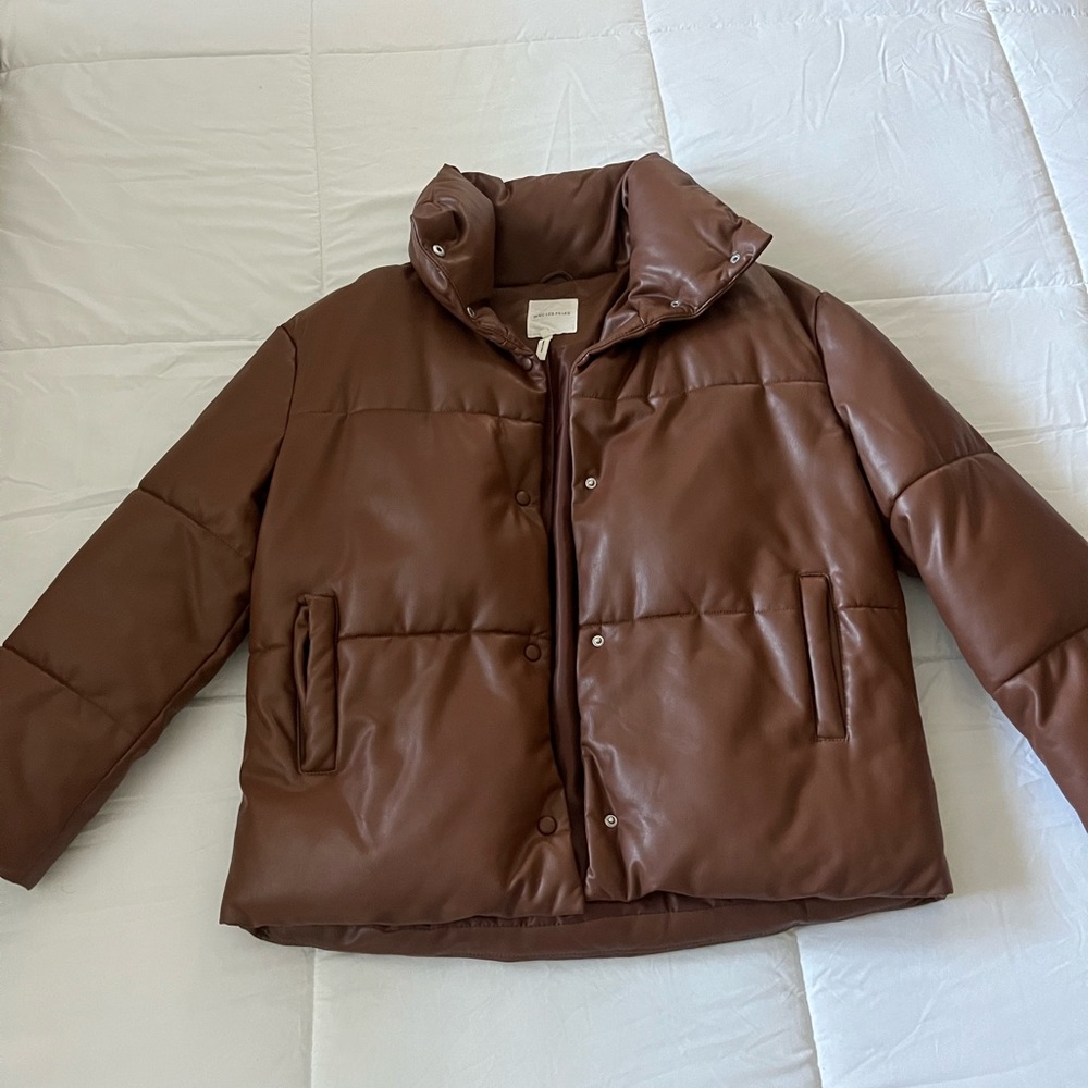Brown Faux Leather Puffer Jacket